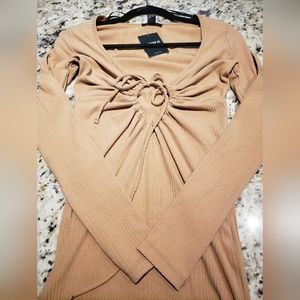 Forever 21 Tan Ribbed Long-Sleeve Twist Front Dress